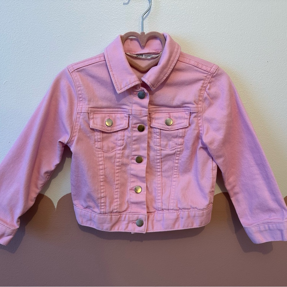 H&M Pink Jean Jacket with Cropped Style and Classic Collar